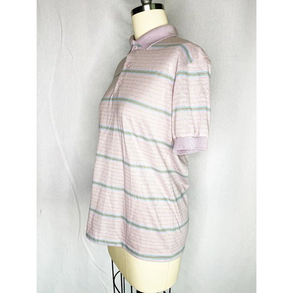 Vintage 80s Pastel Pink Striped Collar Polo Shirt - Picture 3 of 7